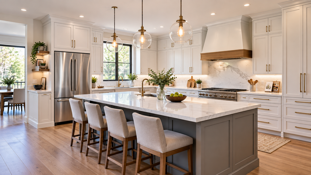 Fully remodeled kitchen with custom cabinetry, new island, and updated layout